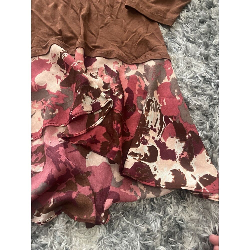 logo by lori goldstein Brown Floral Chiffon Tunic Blouse Sz Small Art To Wear - Picture 3 of 4